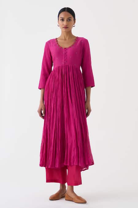 Shop_Dot_Pink Organza, Chanderi, Cotton, Silk Embroidery Saba Ditsy Bloom Anarkali Set _Online_at_Aza_Fashions