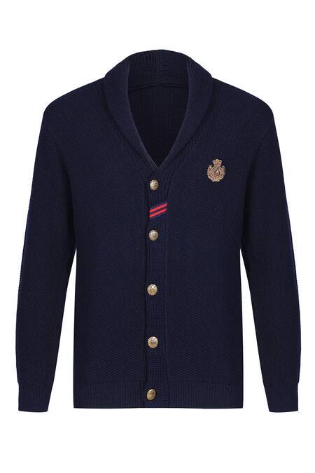S&N By Shantnu Nikhil_Blue Wool Embroidery Knitted Cardigan_Online_at_Aza_Fashions