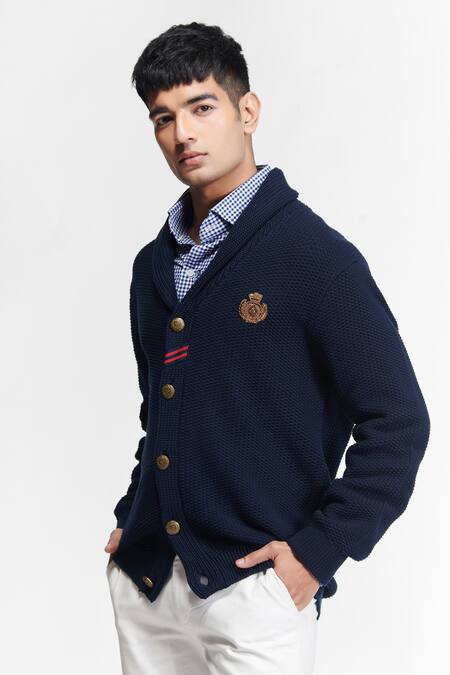 Buy_S&N By Shantnu Nikhil_Blue Wool Embroidery Knitted Cardigan_Online_at_Aza_Fashions