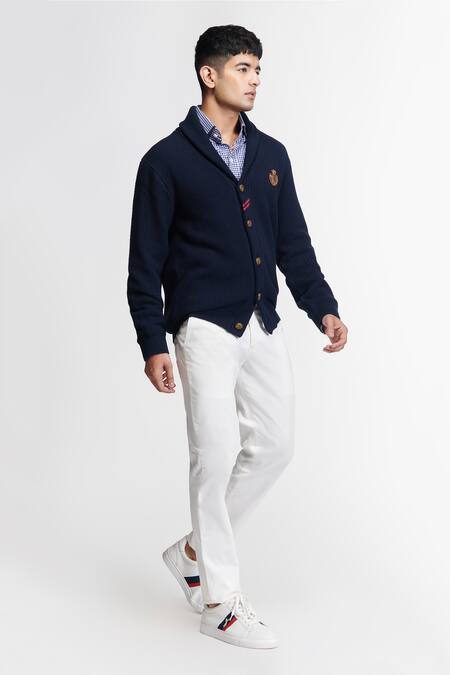 Shop_S&N By Shantnu Nikhil_Blue Wool Embroidery Knitted Cardigan_Online_at_Aza_Fashions