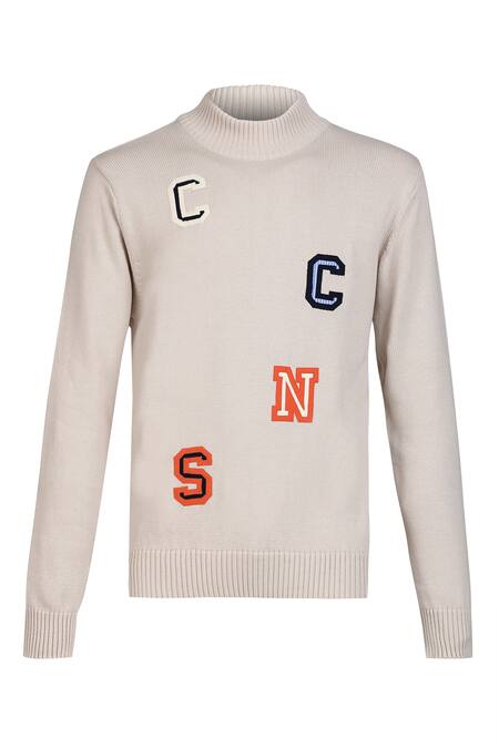 S&N By Shantnu Nikhil_Beige Cotton Embroidery Patchwork Knitted Sweater_Online_at_Aza_Fashions