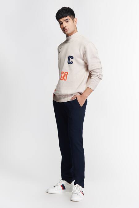 Buy_S&N By Shantnu Nikhil_Beige Cotton Embroidery Patchwork Knitted Sweater_Online_at_Aza_Fashions
