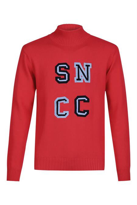 S&N By Shantnu Nikhil_Red Cotton Embroidery Knitted Patchwork Sweater_Online_at_Aza_Fashions