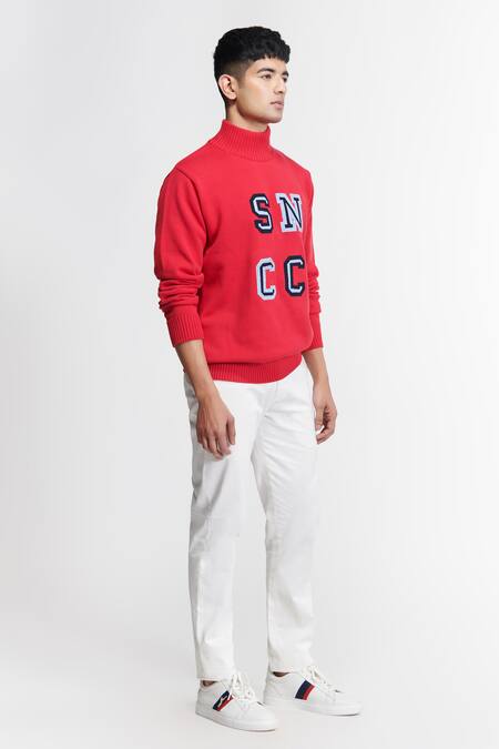 Shop_S&N By Shantnu Nikhil_Red Cotton Embroidery Knitted Patchwork Sweater_Online_at_Aza_Fashions