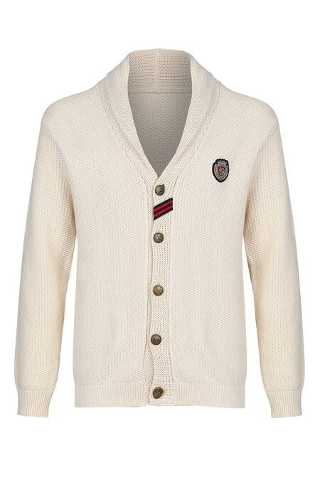 S&N By Shantnu Nikhil_Off White Wool Embroidery Placed Crest Cardigan_Online_at_Aza_Fashions