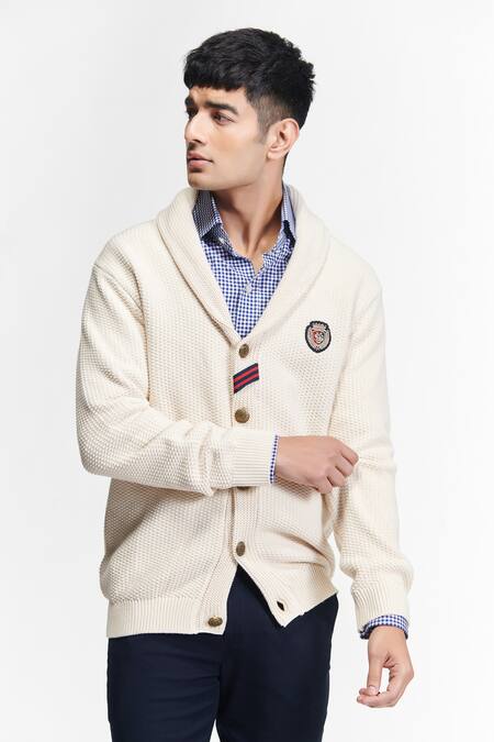 Buy_S&N By Shantnu Nikhil_Off White Wool Embroidery Placed Crest Cardigan_Online_at_Aza_Fashions