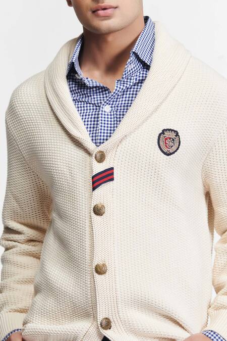 Shop_S&N By Shantnu Nikhil_Off White Wool Embroidery Placed Crest Cardigan_Online_at_Aza_Fashions
