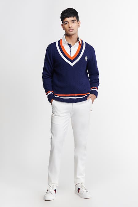 S&N by Shantnu Nikhil Blue Merino Wool Knitted Crest Stripe Pattern Jumper 