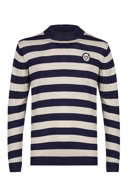 S&N By Shantnu Nikhil_Beige Viscose, Nylon Embroidery Stripe Pattern Knitted T-shirt_Online_at_Aza_Fashions