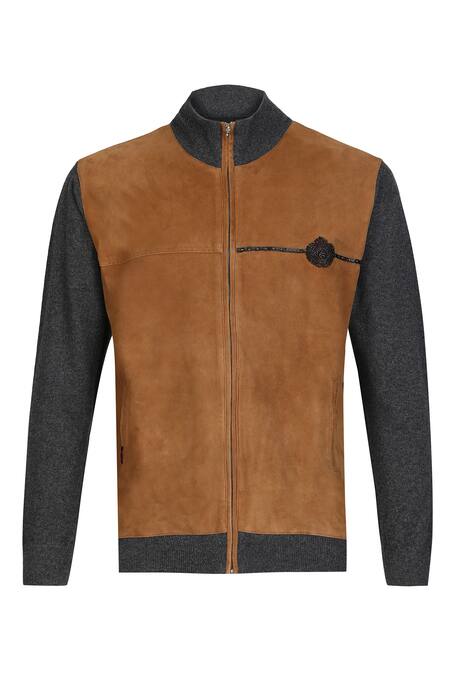 S&N By Shantnu Nikhil Beige Suede, Cashmere Embroidery Placed Patchwork Faux Leather Jacket Online at Aza Fashions S&N By Shantnu Nikhil_Beige Suede, Cashmere Embroidery Placed Patchwork Faux Leather Jacket_Online_at_Aza_Fashions