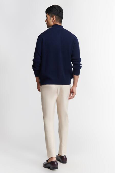 Shop_S&N By Shantnu Nikhil_Blue Cashmere Embroidery Cardigan_at_Aza_Fashions