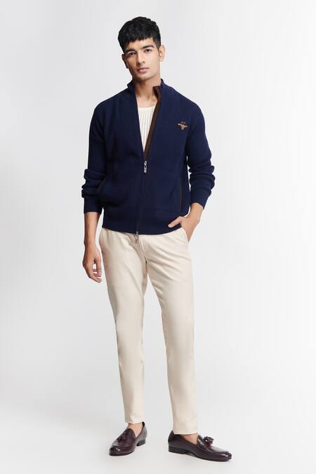 Shop_S&N By Shantnu Nikhil_Blue Cashmere Embroidery Cardigan_Online_at_Aza_Fashions