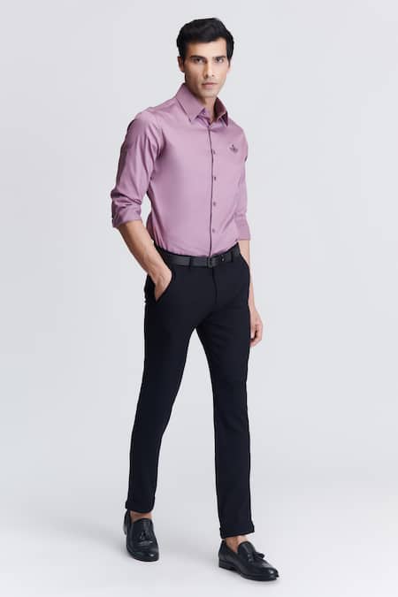 Shop S&N By Shantnu Nikhil Purple Gingham Embroidery Crest Pattern Shirt Online at Aza Fashions Shop_S&N By Shantnu Nikhil_Purple Gingham Embroidery Crest Pattern Shirt_Online_at_Aza_Fashions