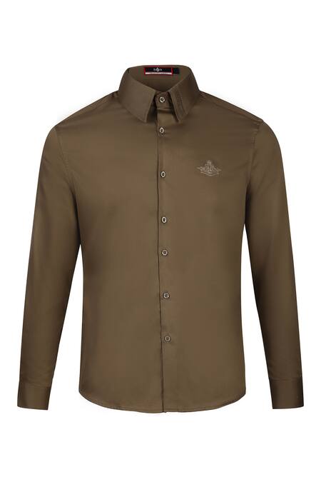 S&N By Shantnu Nikhil_Green Gingham Embroidery Pleated Collar Pattern Shirt_Online_at_Aza_Fashions