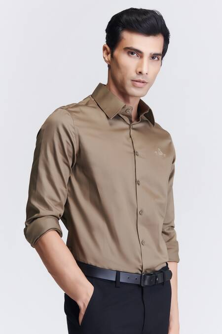 Buy_S&N By Shantnu Nikhil_Green Gingham Embroidery Pleated Collar Pattern Shirt_Online_at_Aza_Fashions