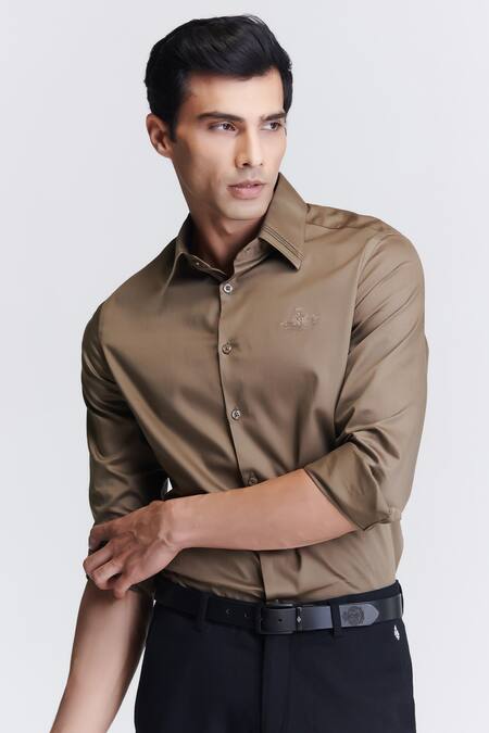Shop_S&N By Shantnu Nikhil_Green Gingham Embroidery Pleated Collar Pattern Shirt_Online_at_Aza_Fashions