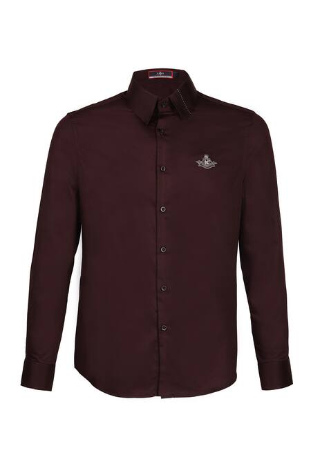 S&N By Shantnu Nikhil_Maroon Gingham Embroidery Threadwork Collar Shirt_Online_at_Aza_Fashions