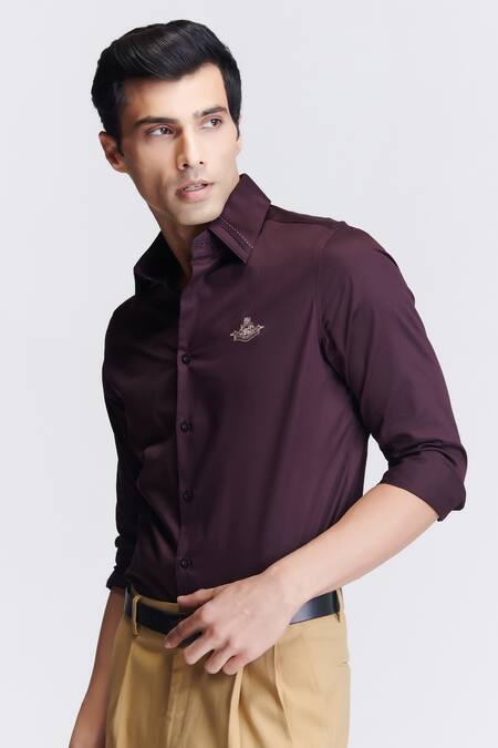 Buy_S&N By Shantnu Nikhil_Maroon Gingham Embroidery Threadwork Collar Shirt_Online_at_Aza_Fashions