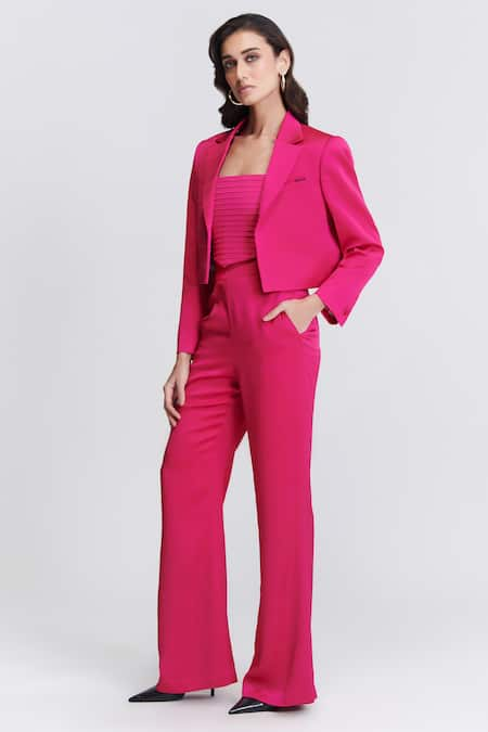 S&N by Shantnu Nikhil Pink Nirvana Crepe Plain Lapel Collar Crop Jacket 