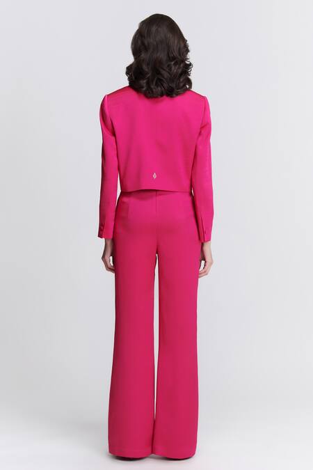 Shop_S&N By Shantnu Nikhil_Pink Nylon Collared Nirvana Crepe Crop Jacket_at_Aza_Fashions