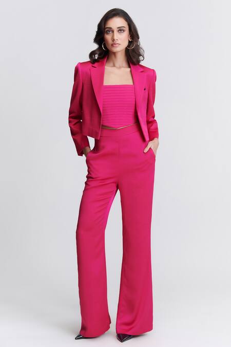 S&N By Shantnu Nikhil_Pink Nylon Collared Nirvana Crepe Crop Jacket_Online_at_Aza_Fashions
