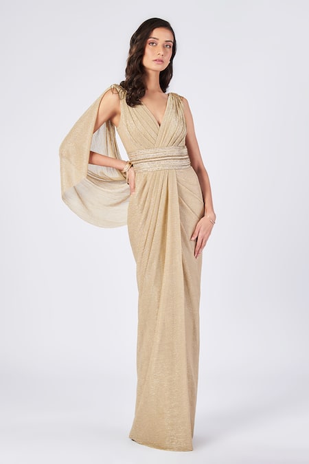 S&N by Shantnu Nikhil Gold Textured Georgette V Neck Saree Gown