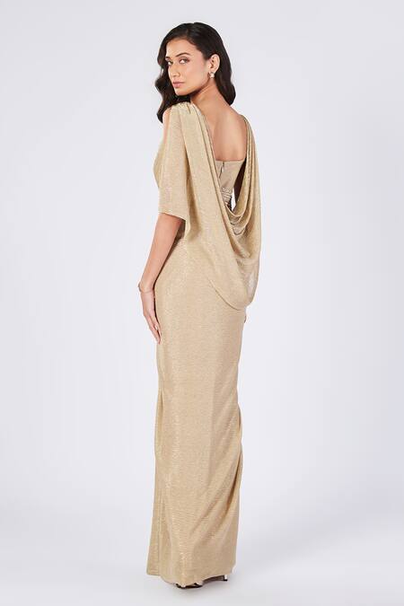 Shop S&N By Shantnu Nikhil Gold Georgette V-neck Textured Saree Gown at Aza Fashions Shop_S&N By Shantnu Nikhil_Gold Georgette V-neck Textured Saree Gown_at_Aza_Fashions