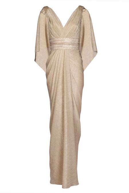 S&N By Shantnu Nikhil_Gold Georgette V-neck Textured Saree Gown_Online_at_Aza_Fashions