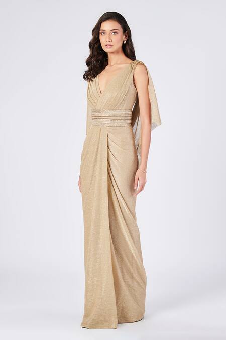 Shop S&N By Shantnu Nikhil Gold Georgette V-neck Textured Saree Gown Online at Aza Fashions Shop_S&N By Shantnu Nikhil_Gold Georgette V-neck Textured Saree Gown_Online_at_Aza_Fashions