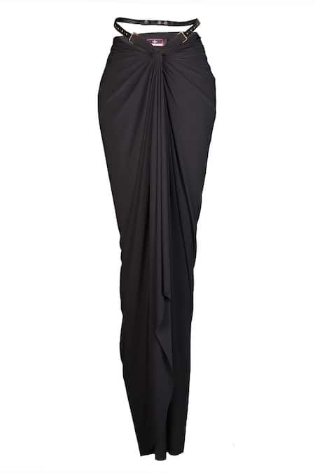 S&N By Shantnu Nikhil_Black Polyester, Faux Leather Draped High Slit Skirt_Online_at_Aza_Fashions