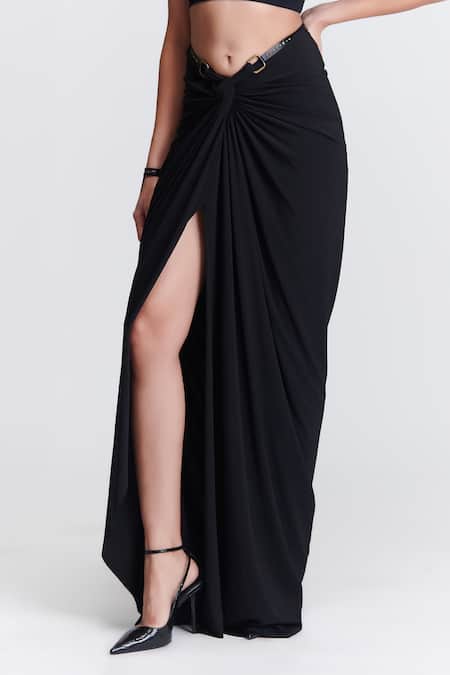 Buy S&N By Shantnu Nikhil Black Polyester, Faux Leather Draped High Slit Skirt Online at Aza Fashions Buy_S&N By Shantnu Nikhil_Black Polyester, Faux Leather Draped High Slit Skirt_Online_at_Aza_Fashions