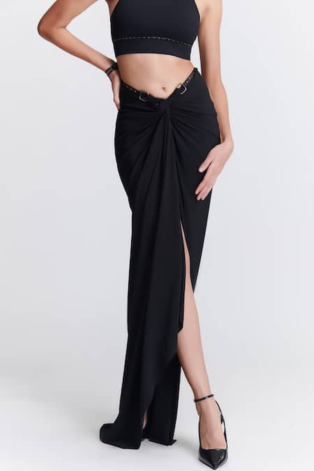 Shop S&N By Shantnu Nikhil Black Polyester, Faux Leather Draped High Slit Skirt Online at Aza Fashions Shop_S&N By Shantnu Nikhil_Black Polyester, Faux Leather Draped High Slit Skirt_Online_at_Aza_Fashions