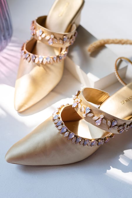 Buy_Urbansway_Gold Opal Stone Embellished Mules _Online_at_Aza_Fashions