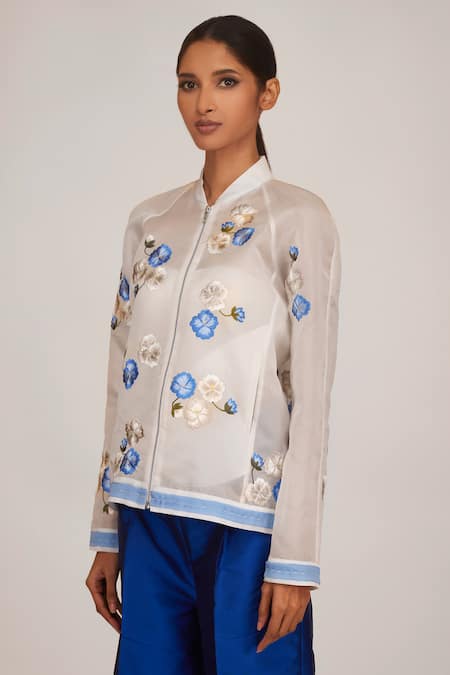 Shriya Som Ivory Organza Embroidery Collared Floral Bomber Jacket Online at Aza Fashions Shriya Som_Ivory Organza Embroidery Collared Floral Bomber Jacket _Online_at_Aza_Fashions