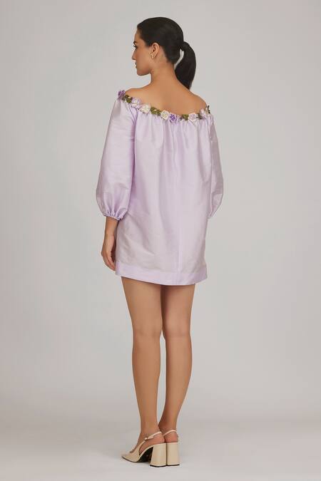 Shop_Shriya Som_Purple Taffeta Fabric Flowers Off-shoulder Neck Embroidered Dress _at_Aza_Fashions