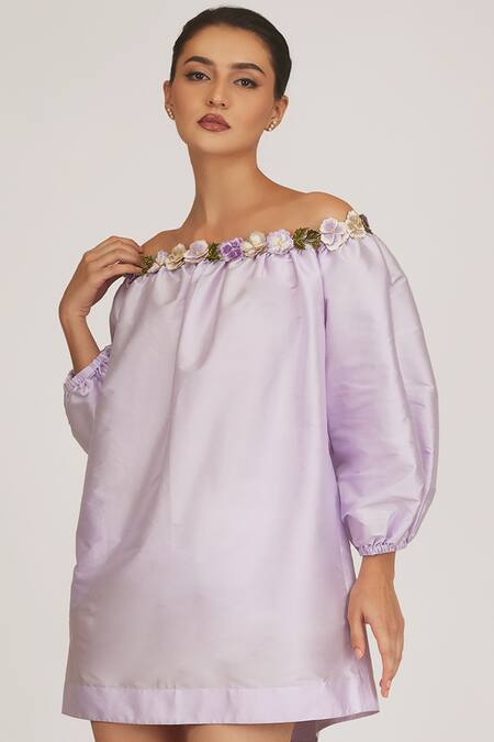 Shriya Som_Purple Taffeta Fabric Flowers Off-shoulder Neck Embroidered Dress _Online_at_Aza_Fashions