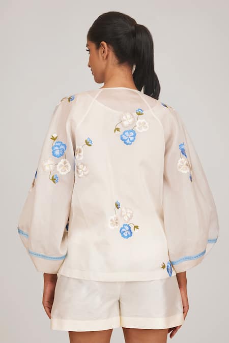 Shop_Shriya Som_Ivory Organza Embroidery Round Neck Floral Hand Top With Slip _at_Aza_Fashions