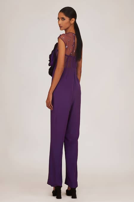 Shop_Shriya Som_Purple Taffeta Fabric Flowers, Crystals Round Bodice Hand Embroidered Jumpsuit _at_Aza_Fashions