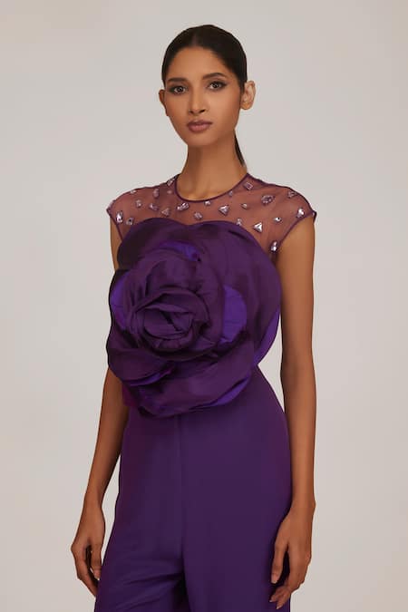 Shriya Som_Purple Taffeta Fabric Flowers, Crystals Round Bodice Hand Embroidered Jumpsuit _Online_at_Aza_Fashions