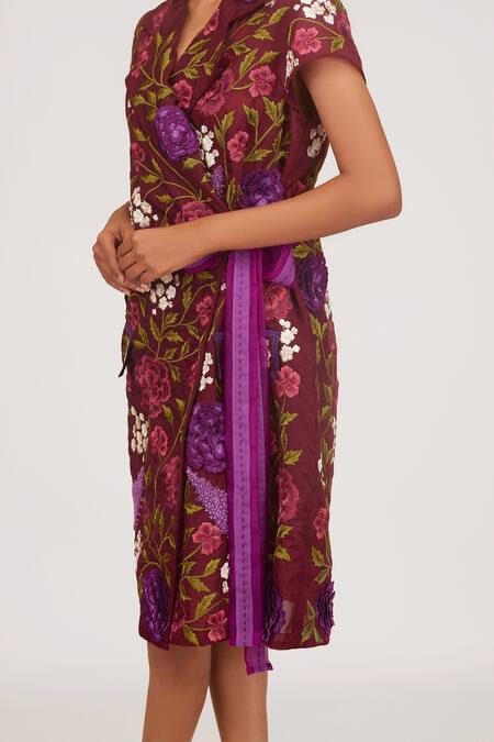 Shriya Som Purple Organza Collared Floral Embroidered Trench Coat Dress With Belt Online at Aza Fashions Shriya Som_Purple Organza Collared Floral Embroidered Trench Coat Dress With Belt _Online_at_Aza_Fashions