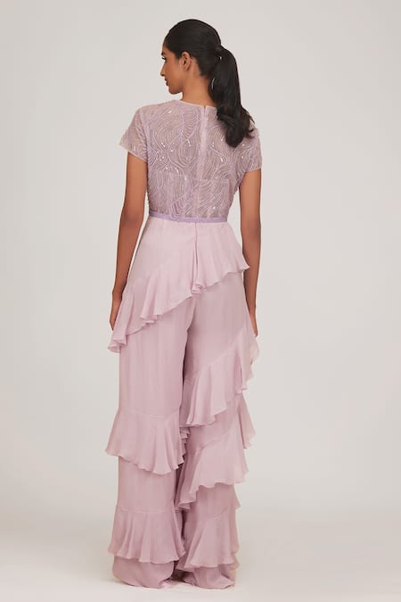 Shop Shriya Som Purple Chiffon Sequins, Beads Round Neck Hand Embroidered Jumpsuit With Belt at Aza Fashions Shop_Shriya Som_Purple Chiffon Sequins, Beads Round Neck Hand Embroidered Jumpsuit With Belt _at_Aza_Fashions