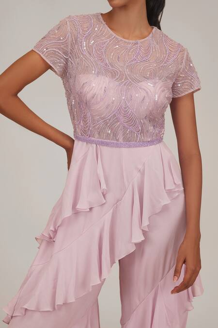 Shriya Som Purple Chiffon Sequins, Beads Round Neck Hand Embroidered Jumpsuit With Belt Online at Aza Fashions Shriya Som_Purple Chiffon Sequins, Beads Round Neck Hand Embroidered Jumpsuit With Belt _Online_at_Aza_Fashions