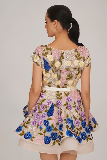 Shop Shriya Som Ivory Tulle Embroidery Square Neck Hand Dress With Belt at Aza Fashions Shop_Shriya Som_Ivory Tulle Embroidery Square Neck Hand Dress With Belt _at_Aza_Fashions