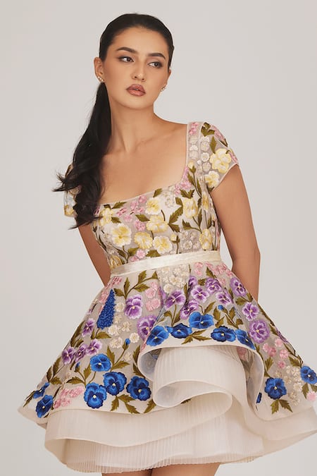 Shriya Som Ivory Tulle Embroidery Square Neck Hand Dress With Belt Online at Aza Fashions Shriya Som_Ivory Tulle Embroidery Square Neck Hand Dress With Belt _Online_at_Aza_Fashions