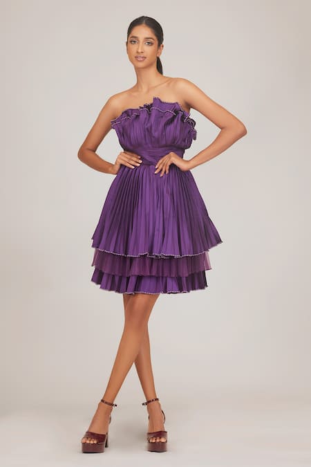 SHRIYA SOM Purple Taffeta Hand Embroidered Sleeveless Pre-pleated Cabbage Dress 