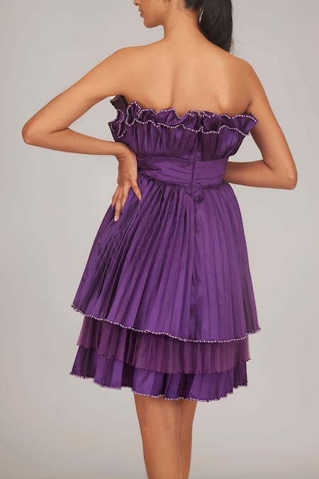 Shop Shriya Som Purple Taffeta Pearls Round Neck Sleeveless Pre-pleated Cabbage Dress at Aza Fashions Shop_Shriya Som_Purple Taffeta Pearls Round Neck Sleeveless Pre-pleated Cabbage Dress _at_Aza_Fashions