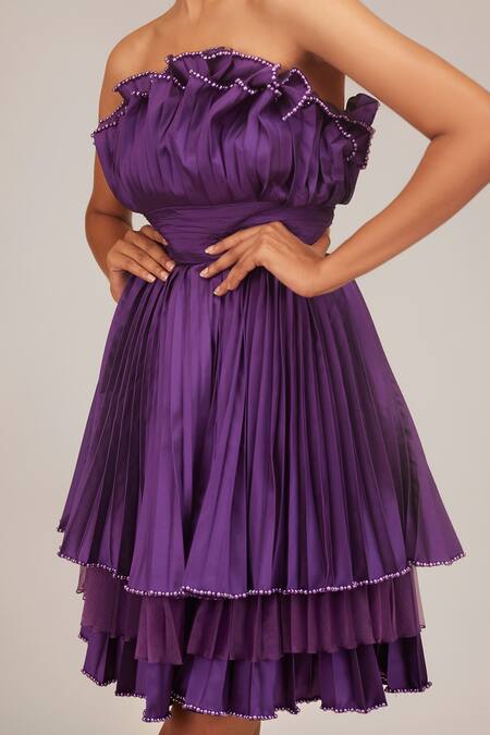 Shriya Som Purple Taffeta Pearls Round Neck Sleeveless Pre-pleated Cabbage Dress Online at Aza Fashions Shriya Som_Purple Taffeta Pearls Round Neck Sleeveless Pre-pleated Cabbage Dress _Online_at_Aza_Fashions