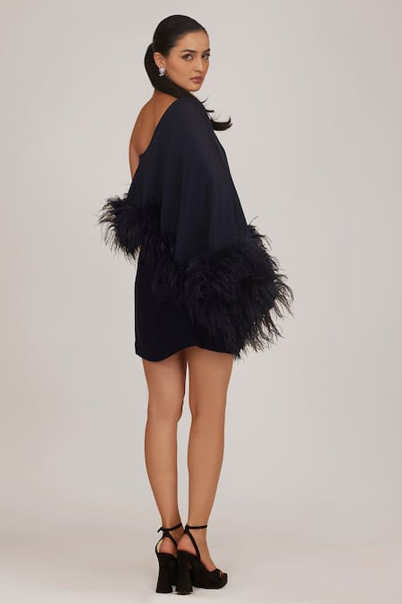 Shop Shriya Som Blue Chiffon Embroidery, Feathers One Shoulder Hand Cape Dress at Aza Fashions Shop_Shriya Som_Blue Chiffon Embroidery, Feathers One Shoulder Hand Cape Dress _at_Aza_Fashions