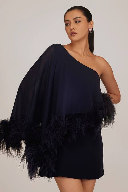 Shriya Som Blue Chiffon Embroidery, Feathers One Shoulder Hand Cape Dress Online at Aza Fashions Shriya Som_Blue Chiffon Embroidery, Feathers One Shoulder Hand Cape Dress _Online_at_Aza_Fashions