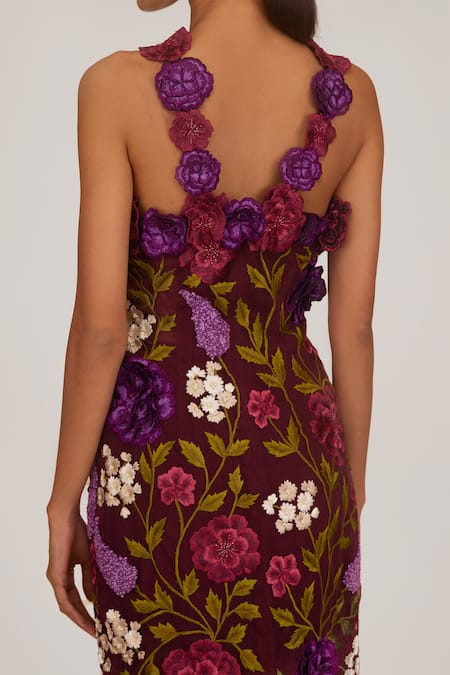 Shop Shriya Som Purple Tulle Fabric Flowers Halter Neck Floral Embroidered Bodycon Dress at Aza Fashions Shop_Shriya Som_Purple Tulle Fabric Flowers Halter Neck Floral Embroidered Bodycon Dress _at_Aza_Fashions
